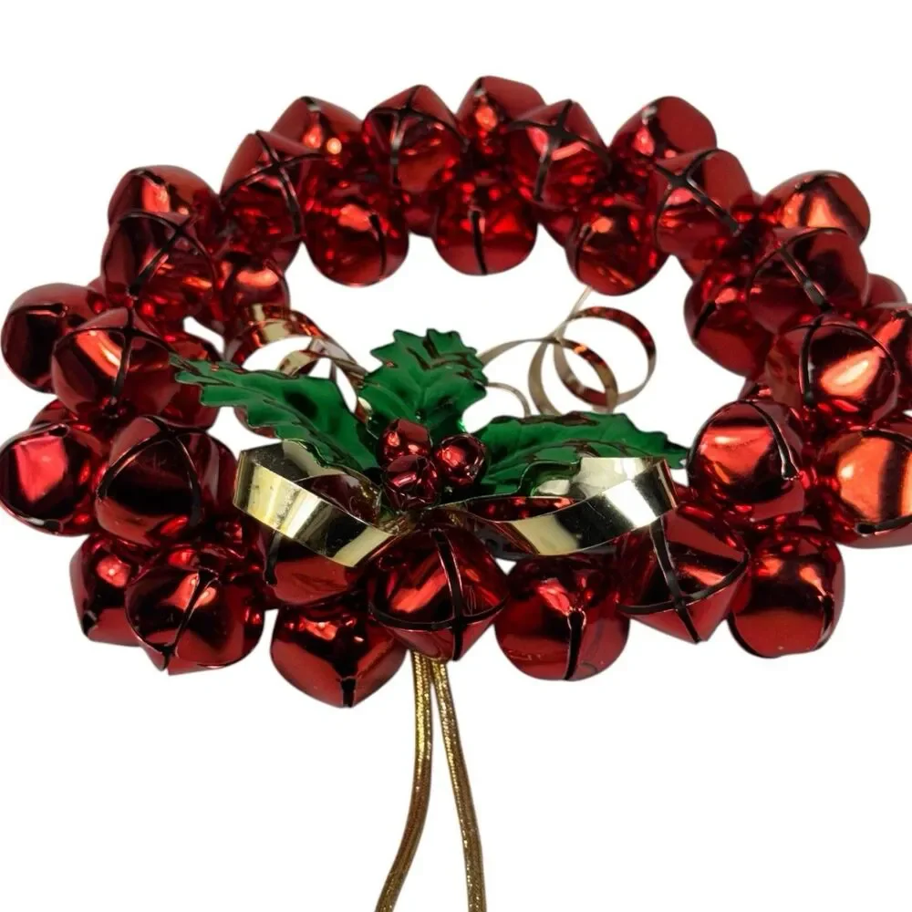 Vintage Red Jingle Bell Wreath Metal Ribbon Holly Leaves Berries 10” Christmas